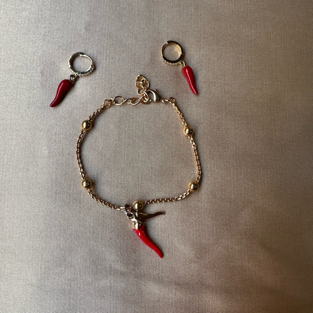 Italian Red Horn Cornicello Bracelet & Earrings Set Lucky Charm